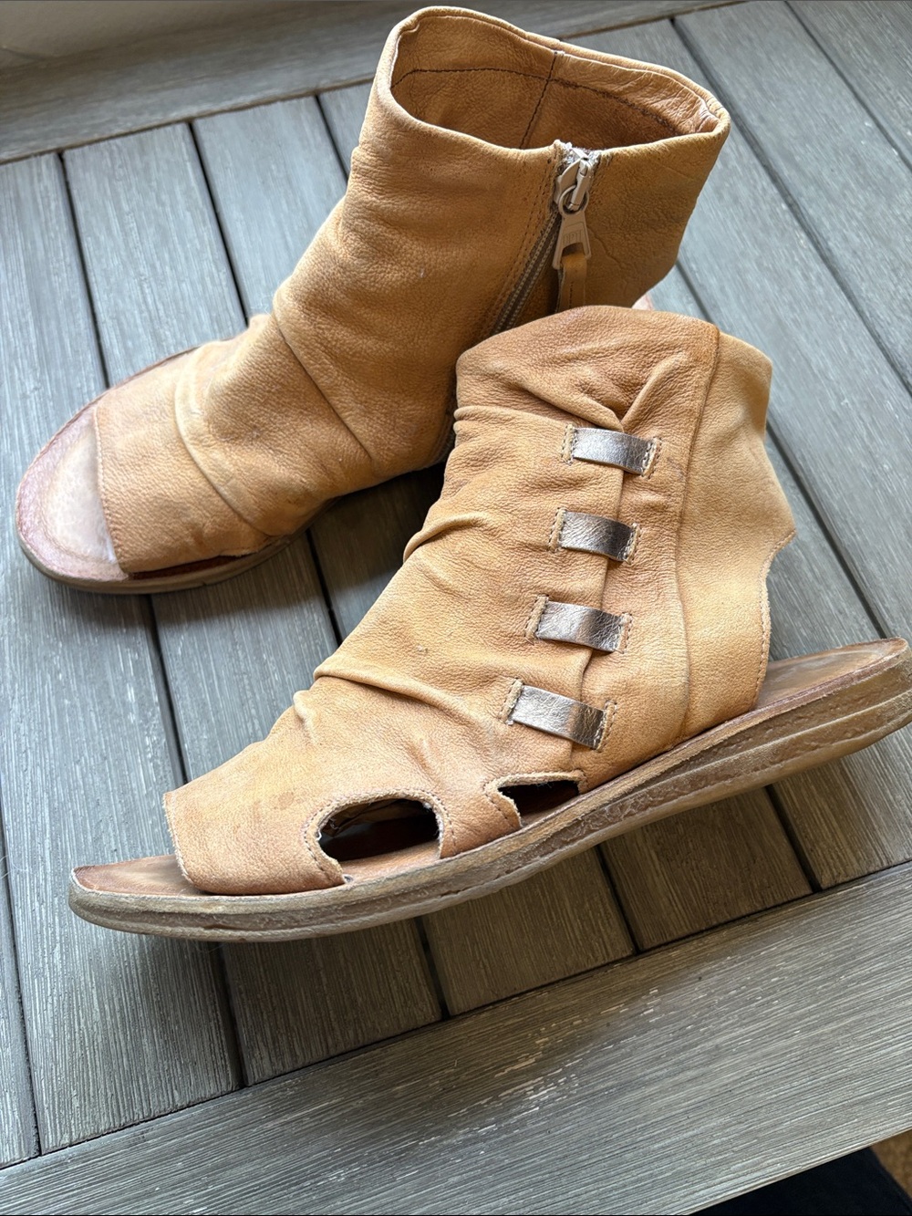 Miz Mooz Tan Leather Open-Toe Slouch Mules with Side Zip